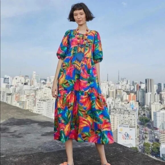 Farm Rio Banana Mix Tier Tropical Midi Dress Sz XL Resort Cruise Coastal EEUC - Picture 1 of 7